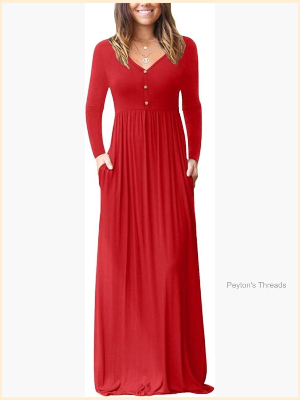 Women's V Neck Button Maxi Dress with Pockets Casual Long Sleeve